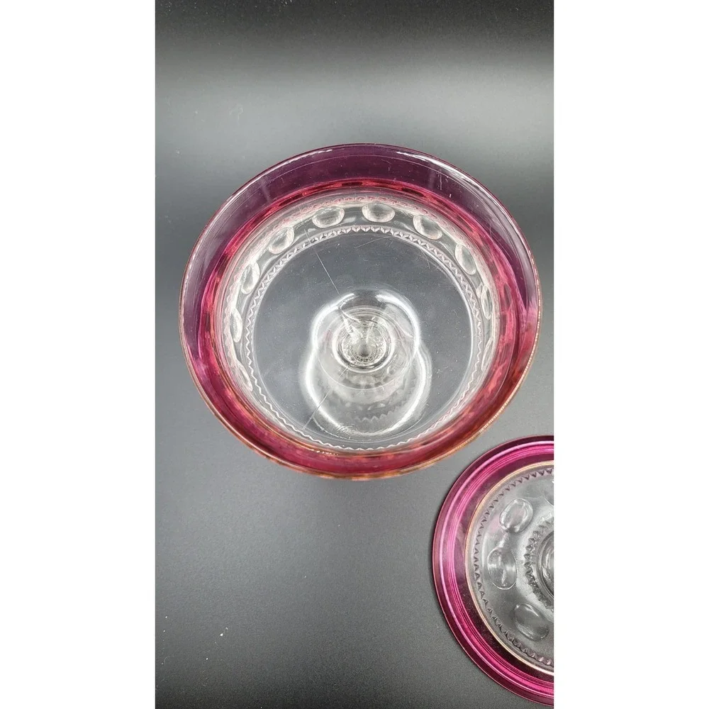 Vintage Clear and Red King's Crown Thumbprint Patterned Glass Lidded dish